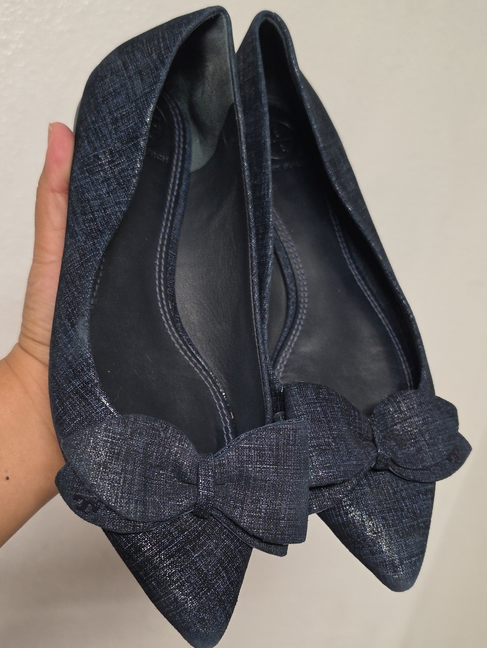 Tory Burch Rosalind Pointed Bow Flats in Dark Navy
